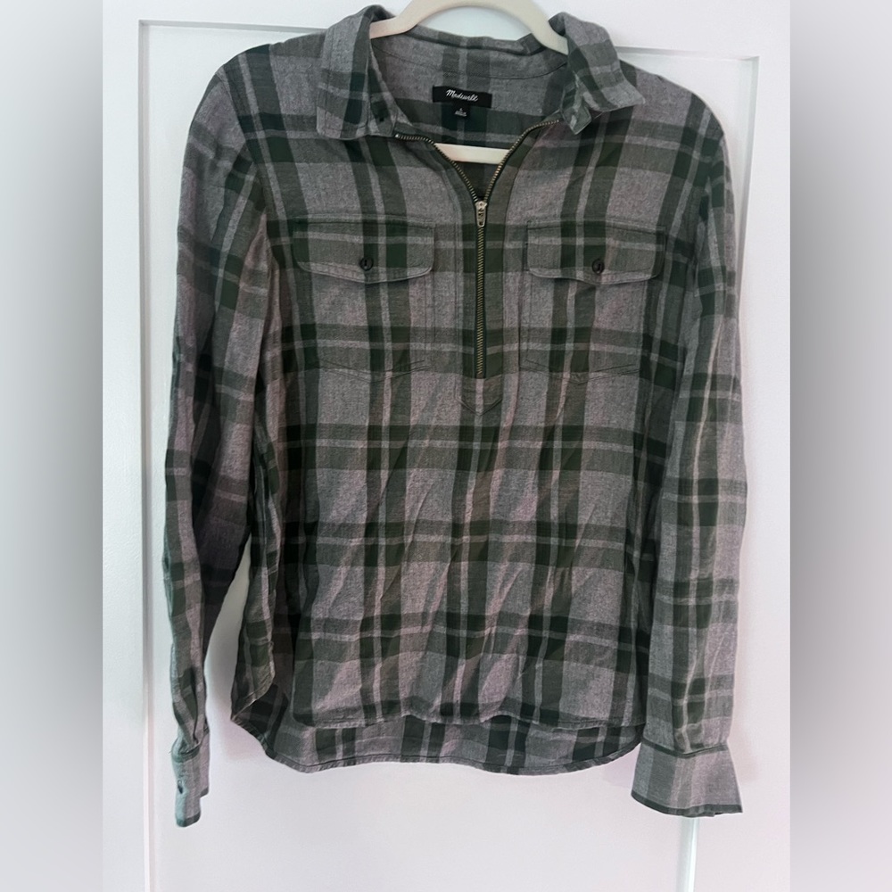 Madewell Flannel Zip Up Green and Grey Size Large
